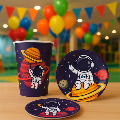 fiesta infantil decorado con vajilla desechable de astronauta