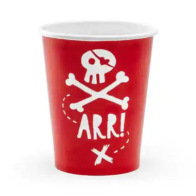 Vasos de papel piratas en rojo y blanco de 220 ml para fiesta temática infantil
