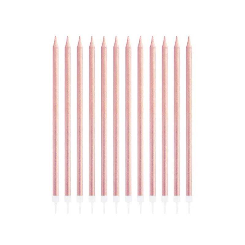 Velas de cumpleaños oro rosa, 13,5 cm, 12 uds.