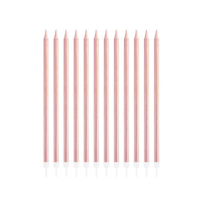 Velas de cumpleaños oro rosa, 13,5 cm, 12 uds.