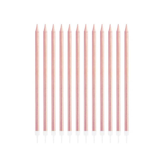 Velas de cumpleaños oro rosa, 13,5 cm, 12 uds.