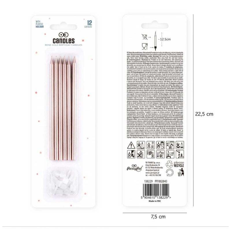 Velas de cumpleaños oro rosa, 13,5 cm, 12 uds.