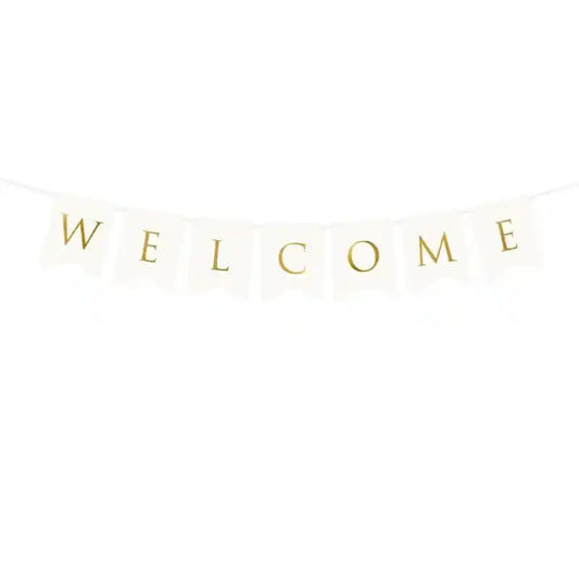 Banner Welcome blanco y dorado, 15 x 95 cm - Narosa Sweet Party Barcelona