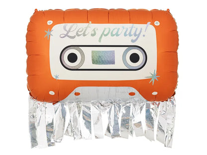 Globo casete naranja «Let’s party!» con flecos plateados