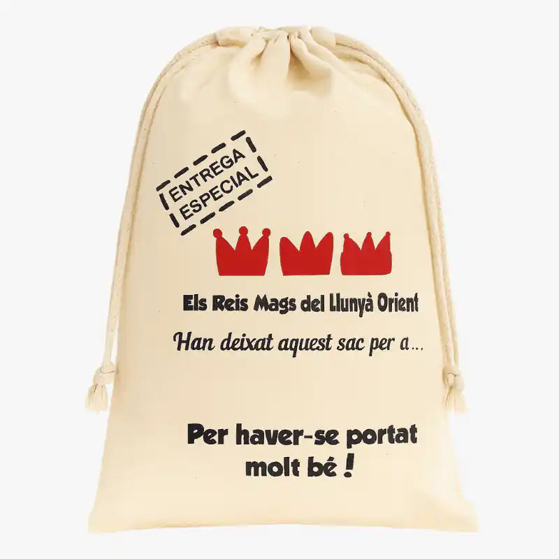 Bolsa de Tela Beige “Entrega Especial” – Regalo de Reyes (Catalán) - Narosa Sweet Party Barcelona