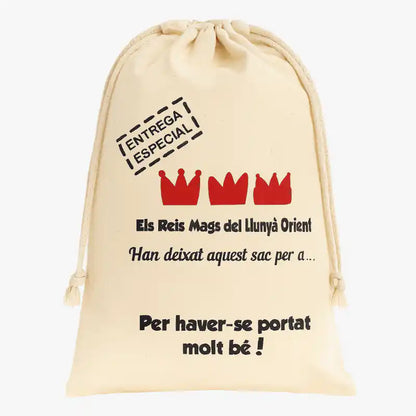 Bolsa de Tela Beige “Entrega Especial” – Regalo de Reyes (Catalán) - Narosa Sweet Party Barcelona