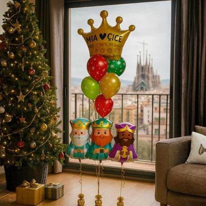 Bouquet 3 Reyes Magos con Corona Personalizada + 6 Globos Navidad | Helio - NAROSA SWEET PARTY