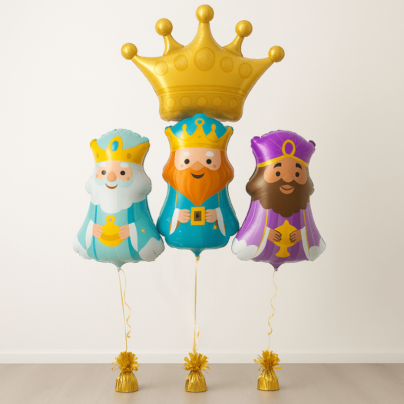 Bouquet 3 Reyes Magos con Corona Personalizada | Globos con Helio - NAROSA SWEET PARTY