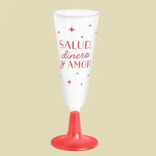 Copa de Cava Plástico Reutilizable Roja 150 cc – Salud, Dinero y Amor - Narosa Sweet Party Barcelona