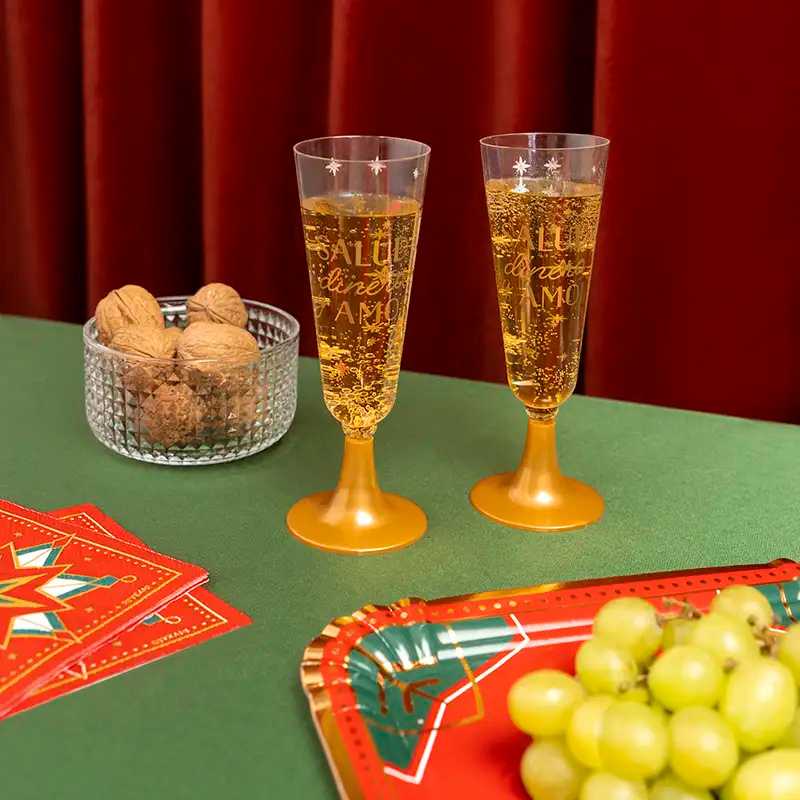 Copas de Cava Plástico Reutilizable Oro 150 cc – Salud, Dinero y Amor (4 uds) - NAROSA SWEET PARTY