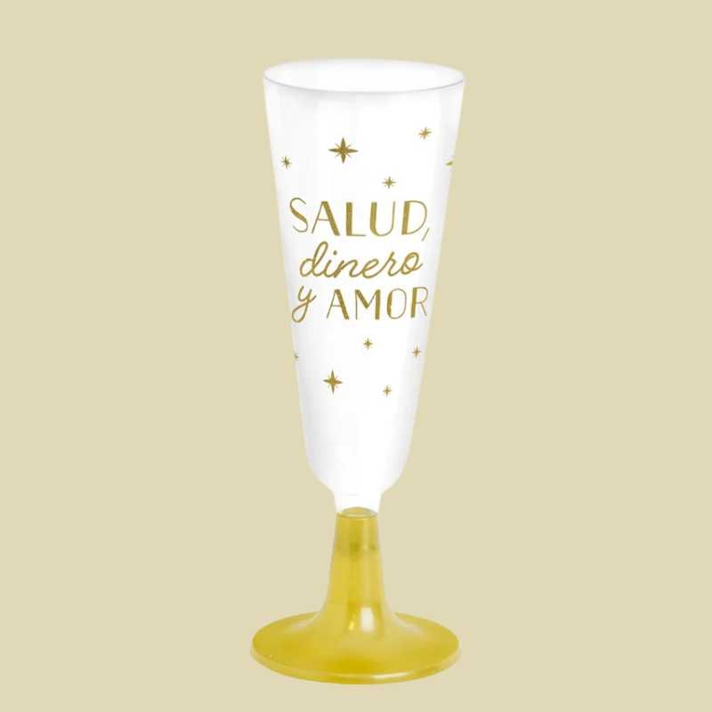 Copas de Cava Plástico Reutilizable Oro 150 cc – Salud, Dinero y Amor (4 uds) - NAROSA SWEET PARTY