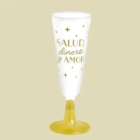 Copas de Cava Plástico Reutilizable Oro 150 cc – Salud, Dinero y Amor (4 uds) - Narosa Sweet Party Barcelona