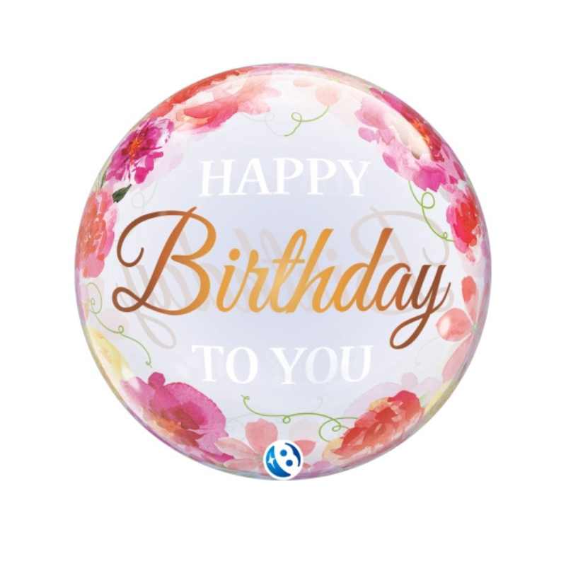Globo Bubble Birthday To You Pink Peonies 56 cm | Aire y Helio - NAROSA SWEET PARTY