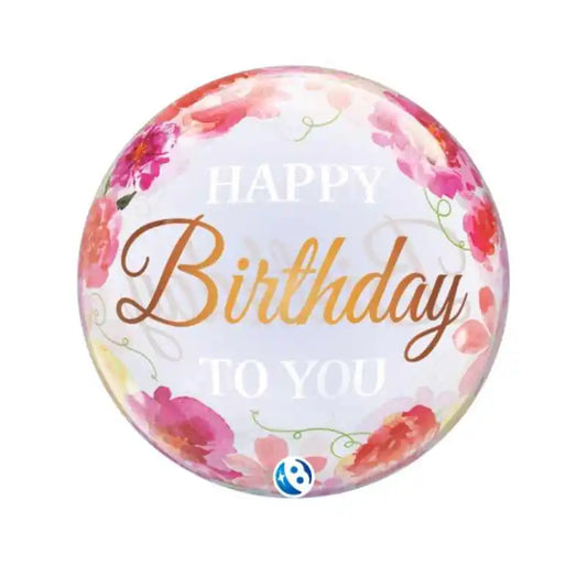 Globo Bubble Birthday To You Pink Peonies 56 cm | Aire y Helio - Narosa Sweet Party Barcelona