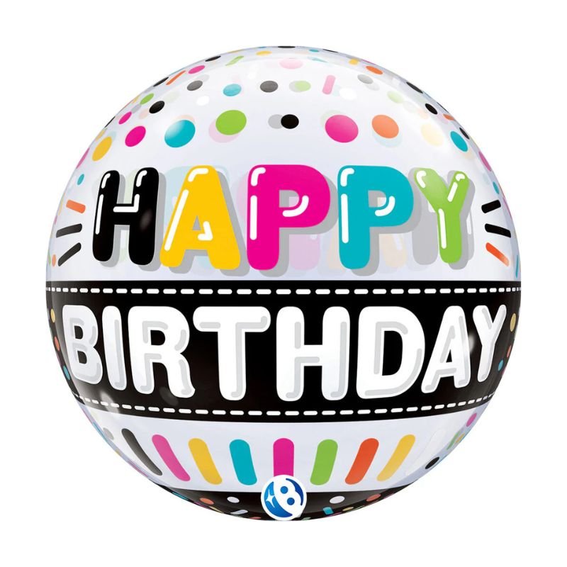 Globo Burbuja "Happy Birthday" con Franja Negra - 56 cm - NAROSA SWEET PARTY