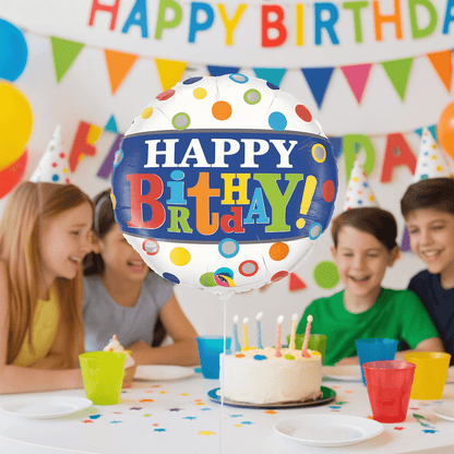 Globo Foil Cumpleaños Blanco con Banda Azul y Lunares – 45 cm - NAROSA SWEET PARTY