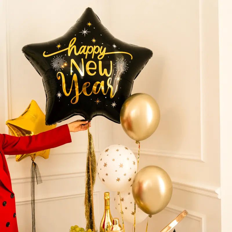 Globo Foil Estrella XL Happy New Year Negro 91 cm - Apto Aire y Helio - NAROSA SWEET PARTY