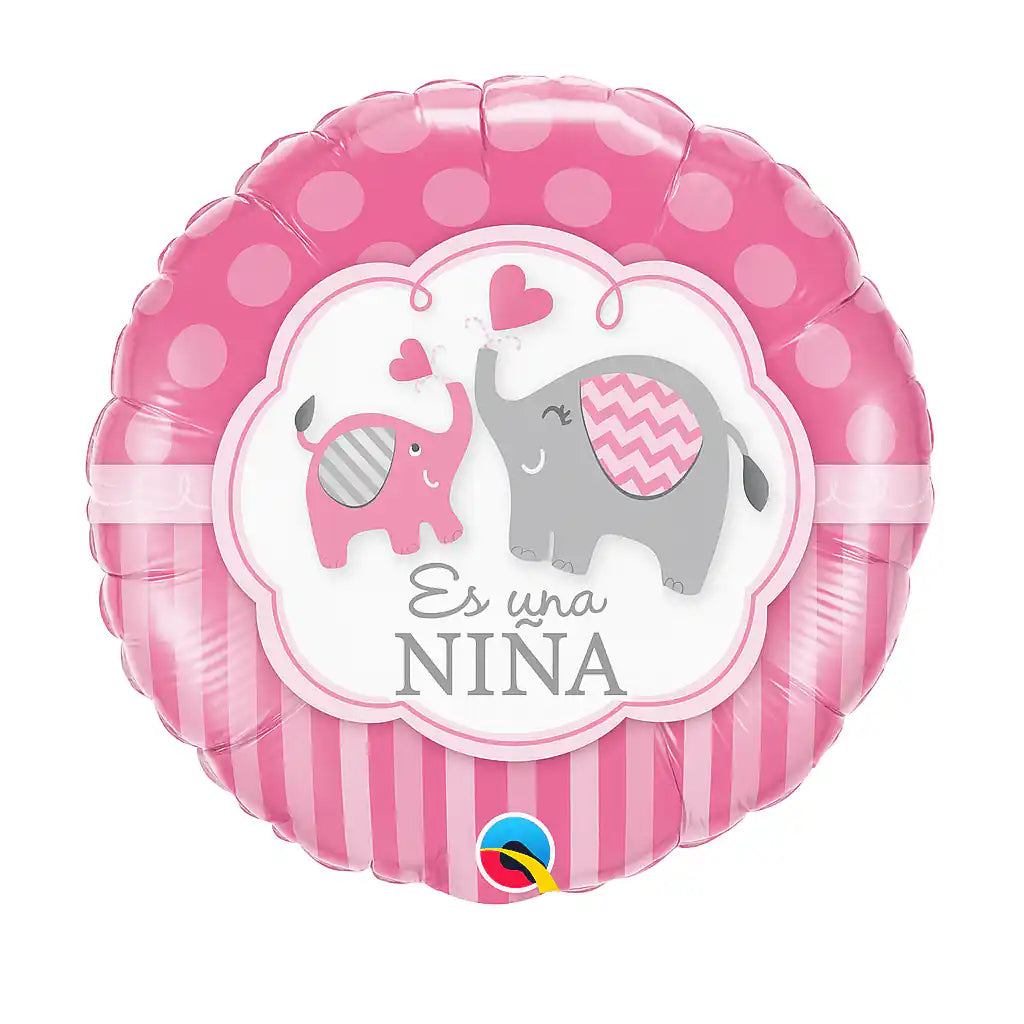 Globo Foil Redondo 45 cm – Es una Niña con Elefantes - Narosa Sweet Party Barcelona