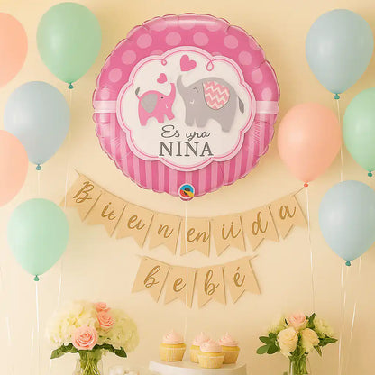 Globo Foil Redondo 45 cm – Es una Niña con Elefantes - Narosa Sweet Party Barcelona