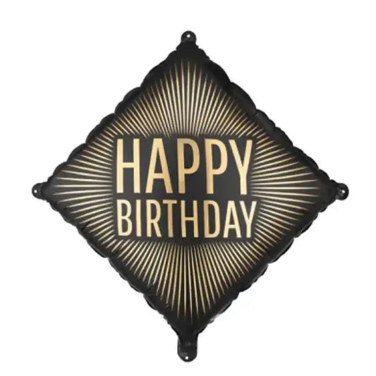 Globo foil rombo negro Happy Birthday dorado 46x46 cm