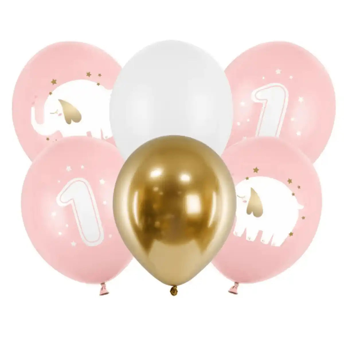 Pack x6 globos 30 cm con diseño de 1 año en rosa
