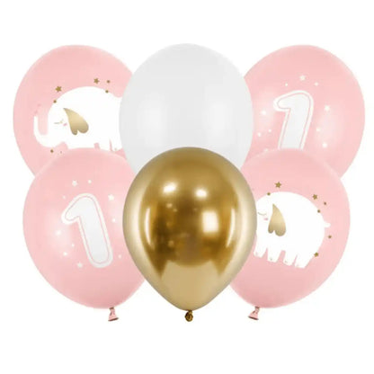 Pack x6 globos 30 cm con diseño de 1 año en rosa