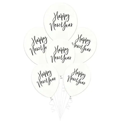 Globos Transparentes con Estampado Negro Happy New Year (6 uds) - Narosa Sweet Party Barcelona