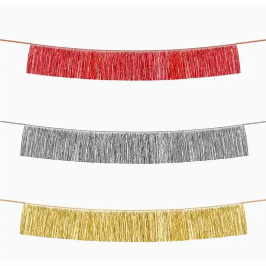 Guirnalda de Flecos Metalizada 20 x 150 cm – Roja, dorada, plata. - Narosa Sweet Party Barcelona