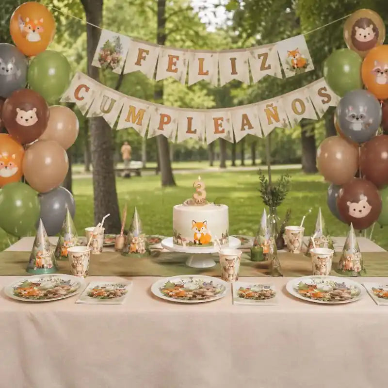 Pack completo decoración fiesta Amigos del Bosque con globos, gorros, guirnalda, platos y servilletas