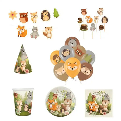 Decoración temática Amigos del Bosque para cumpleaños infantil – pack 5 artículos coordinados