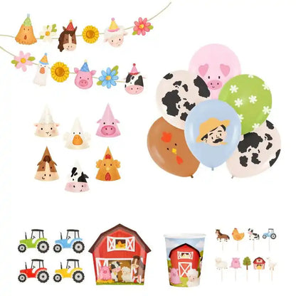 Fiesta infantil granja con platos, servilletas, vasos y gorros de papel coordinados