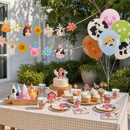 Pack decoración cumpleaños temática granja con vajilla de papel, globos de látex y guirnalda de animales