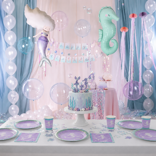 Pack deco mesa todo incluido para cumpleaños temático sirena con vajilla y adornos Mermaid Shine coordinados