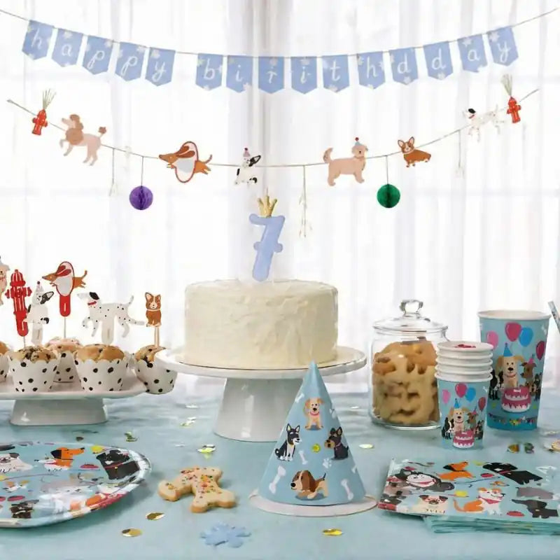 Fiesta infantil perro con platos, vasos, servilletas y gorros de papel coordinados