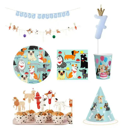Pack decoración cumpleaños temática perro con vajilla de papel, banner 210 cm y velas azules