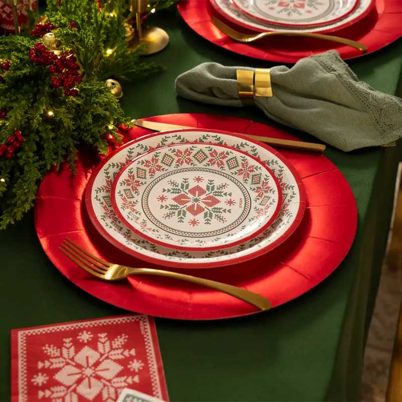 Platos de Cartón Navidad Blanco Jacquard (6 uds) Ø 18 cm y 23 cm - NAROSA SWEET PARTY