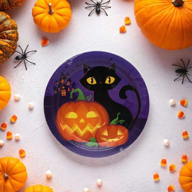 Platos Halloween Morados con Gato Negro – 6 uds. - NAROSA SWEET PARTY
