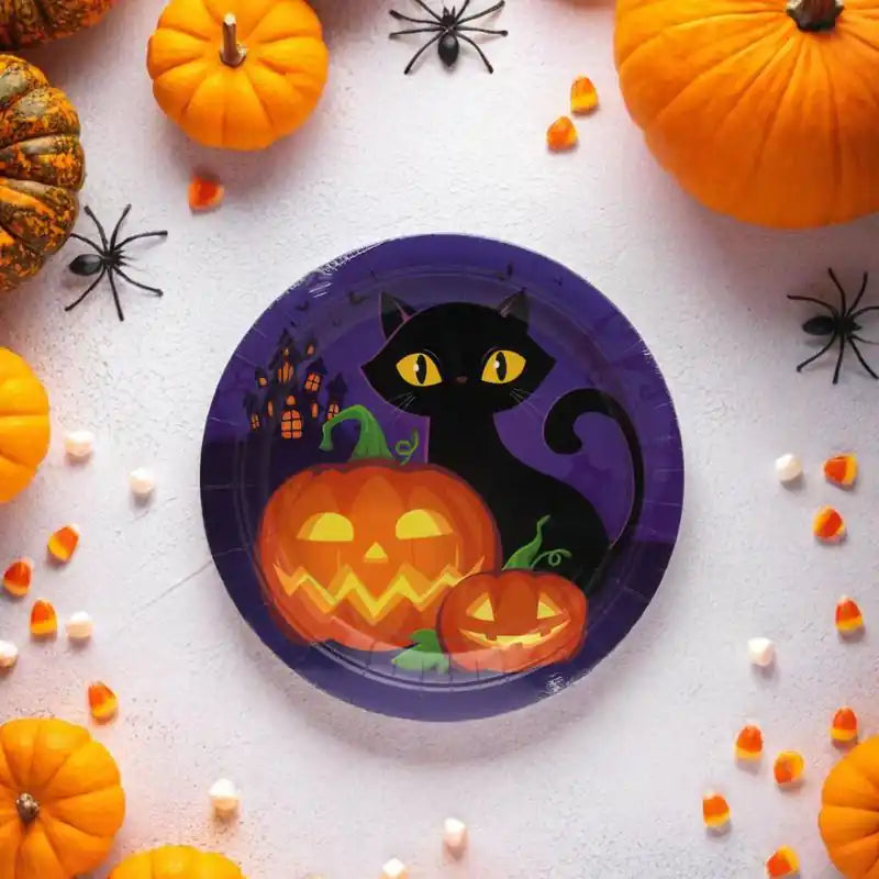 Platos Halloween Morados con Gato Negro – 6 uds. - NAROSA SWEET PARTY