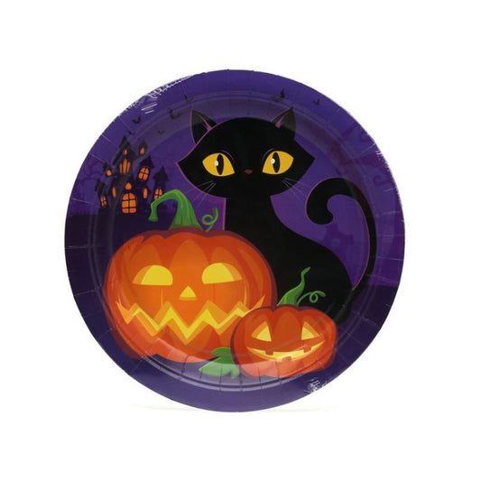 Platos Halloween Morados con Gato Negro – 6 uds. - NAROSA SWEET PARTY