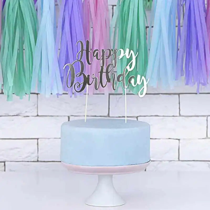 Topper “Happy Birthday” plateado espejo 22,5 cm - Narosa Sweet Party Barcelona