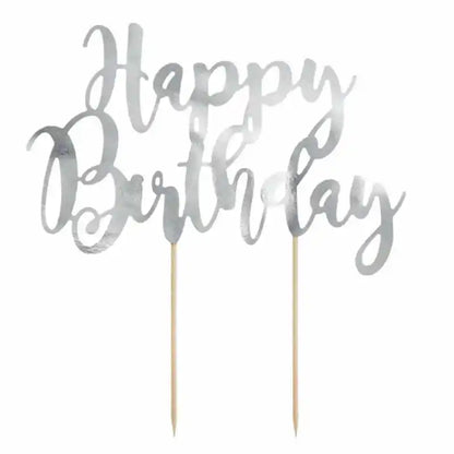 Topper “Happy Birthday” plateado espejo 22,5 cm - Narosa Sweet Party Barcelona