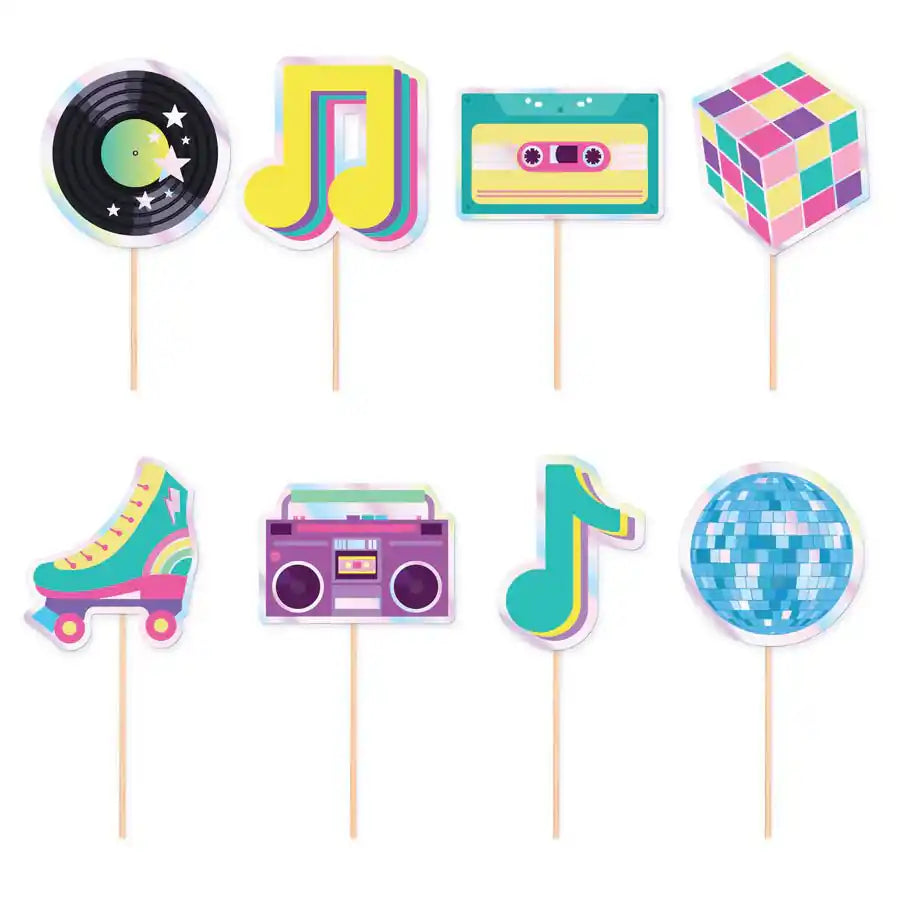 Toppers Disco Retro – Pack x8 – Decoración de Mesa con Palillo – 10,5 cm - Narosa Sweet Party Barcelona