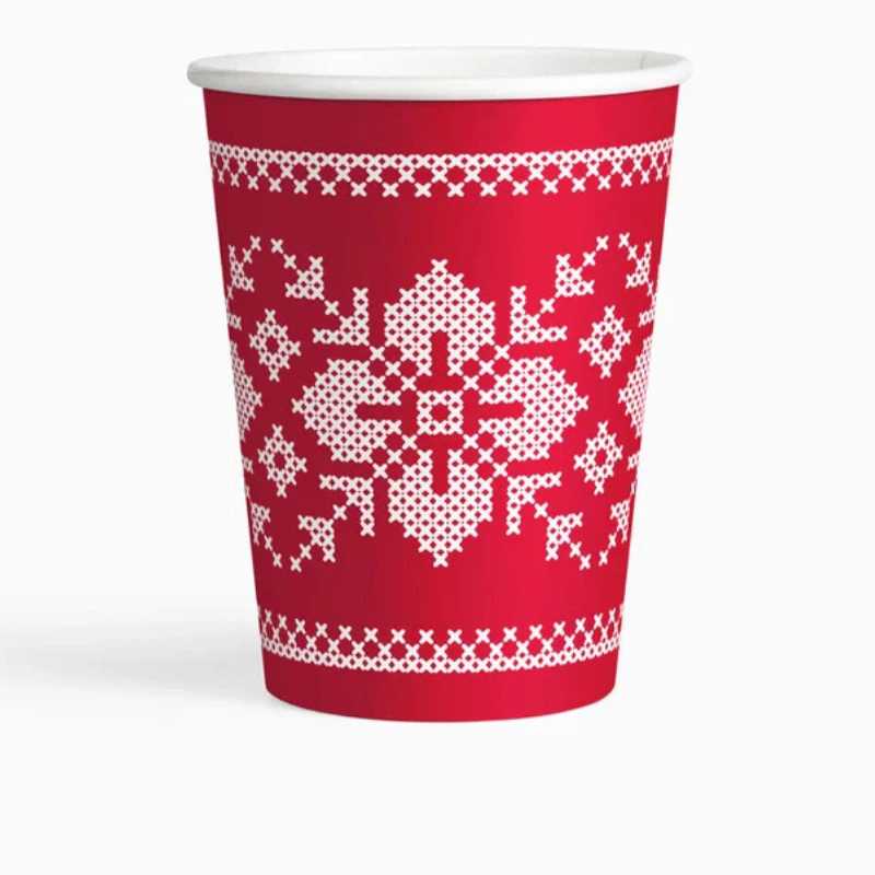 Vasos de Cartón Navidad Rojo Jacquard 270 cc (6 uds) - NAROSA SWEET PARTY