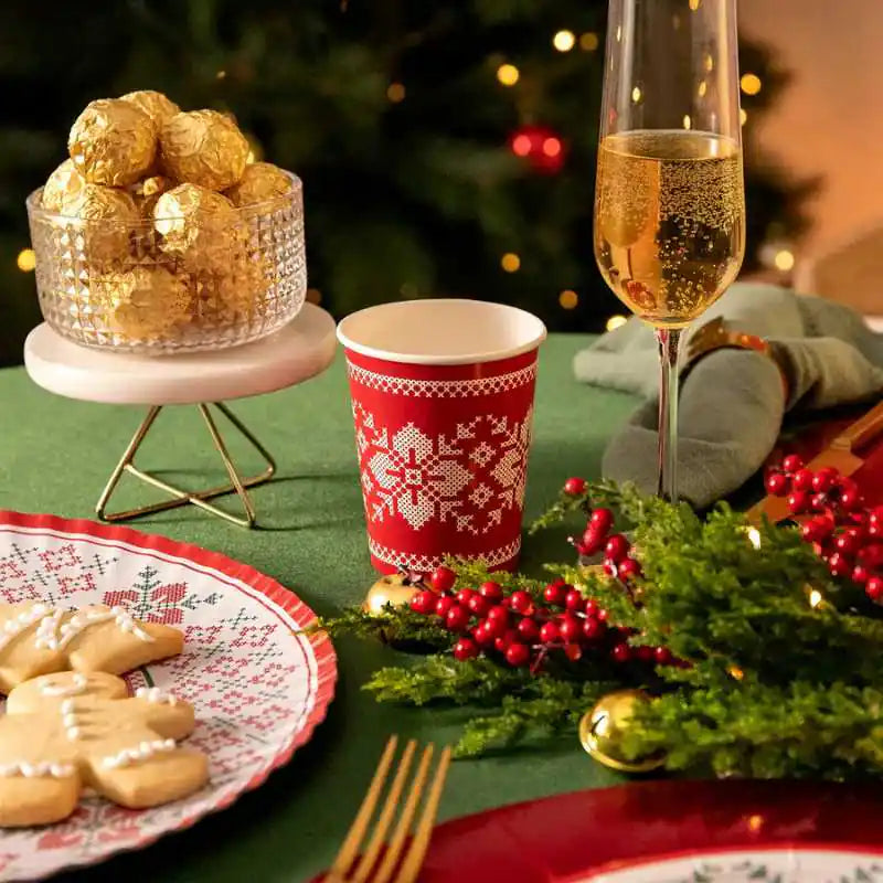 Vasos de Cartón Navidad Rojo Jacquard 270 cc (6 uds) - Narosa Sweet Party Barcelona