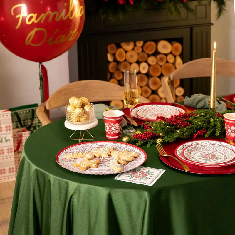 Vasos de Cartón Navidad Rojo Jacquard 270 cc (6 uds) - NAROSA SWEET PARTY