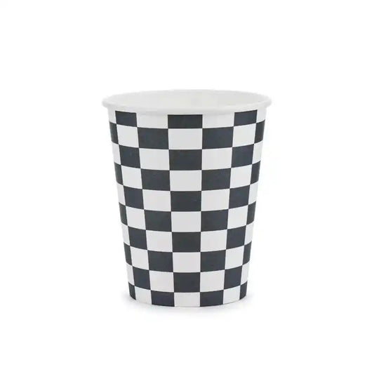 Vasos de papel Checkered Flag, 220 ml. Blanco y Negro - Narosa Sweet Party Barcelona