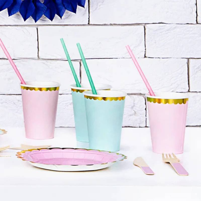 Vasos de papel menta con borde dorado 220 ml - NAROSA SWEET PARTY