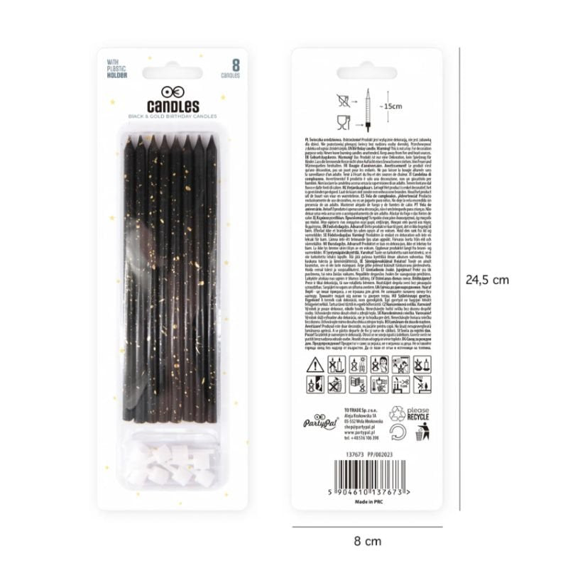 Velas de cumpleaños negras y doradas, 15 cm, 8 uds. - NAROSA SWEET PARTY