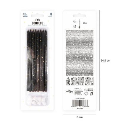 Velas de cumpleaños negras y doradas, 15 cm, 8 uds. - NAROSA SWEET PARTY