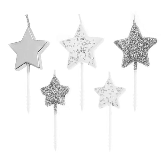 Velas plateadas estrellas, 5 uds. - NAROSA SWEET PARTY
